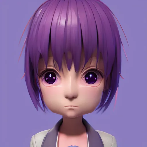 Image similar to portrait of a anime and chibi very cute girl with purple jacket design by antonio mello, xkung work, character modeling, toy design, substance 3 d painter, blender, mental ray, zbrush, soft vinyl, bio luminescent, maximalist sculpted design portrait, studio photo, 7 0 mm lens, trending in artstation