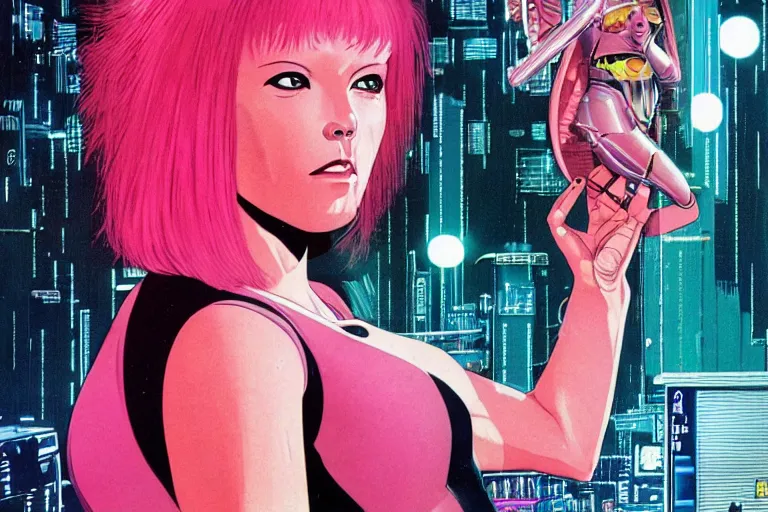 Image similar to 1979 OMNI Magazine Cover of woman with shiny Chrome face with Pink hair. neo-Tokyo streets behind her. in cyberpunk style by Vincent Di Fate