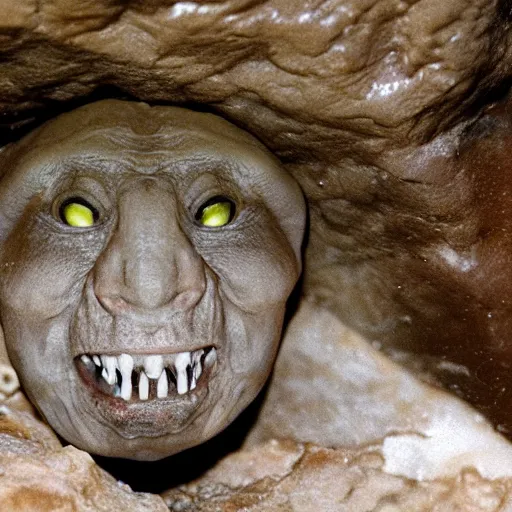 Image similar to photo inside a cavern of a wet reptilian humanoid putin with black eyes, open mouth and big teeth, partially hidden behind a rock