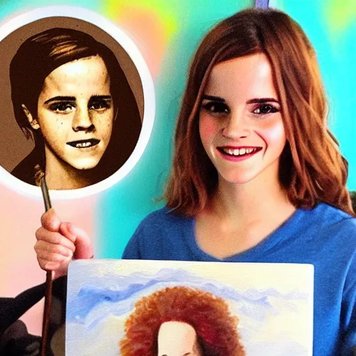 Prompt: emma watson painting bob ross