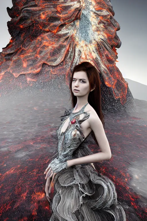 Prompt: a beautiful hyperrealistic ultradetailed 3D, one girl in a magnificent McQueen couture dress stands near a volcano, voge photo, fashion style, fullbody, in full growth, photorealistic, high resolution, trending on artstation, highly detailed, volumetric lighting, elegant, details, good clear quality, volumetric lighting,