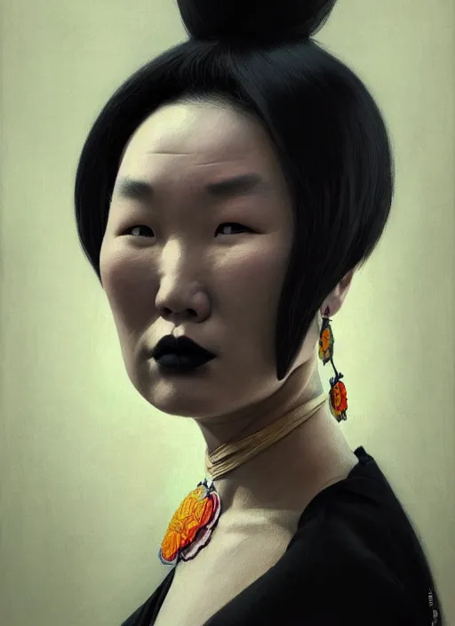 Prompt: portrait of a mongolian woman with a crooked nose and a confident expression, 1 9 6 0 s, black clothes, goth, punk, brightly coloured hair, funk, intricate, elegant, highly detailed, digital painting, artstation, concept art, smooth, sharp focus, illustration, art by wlop, mars ravelo and greg rutkowski