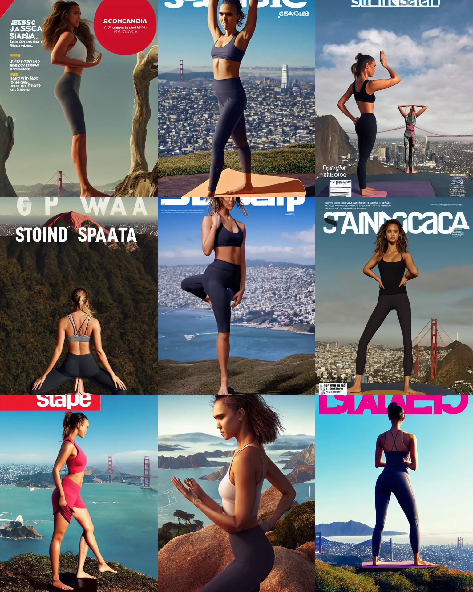 Prompt: shape magazine cover of jessica alba in a peaceful standing yoga pose overlooking SF from twin peaks, facing away from the camera :: trending on artstation, morning, ue5, sci-fi, epic digital concept art, smooth, :: nixri, Greg rutkowski, wlop, ::