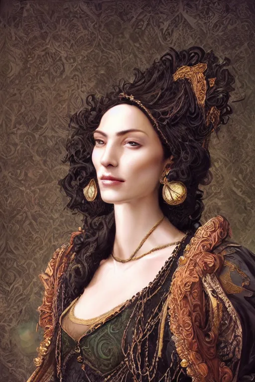 Image similar to portrait, headshot, digital painting, of a 17th century, beautiful, middle aged, middle eastern, wrinkles, decadent, cyborg noble woman, dark hair, amber jewels, baroque, ornate dark green opulent clothing, scifi, futuristic, realistic, hyperdetailed, concept art, chiaroscuro, side lighting, art by waterhouse