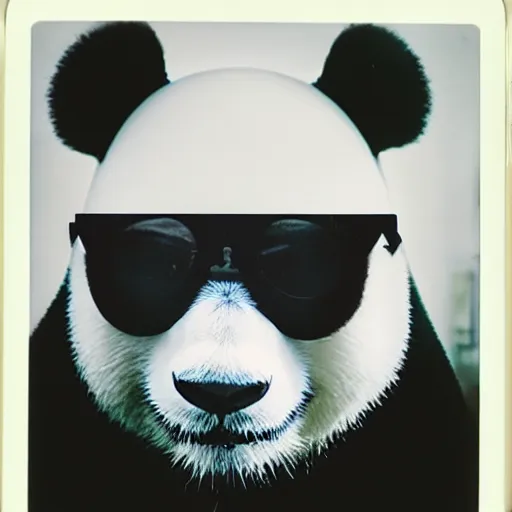 Image similar to grainy head to shoulder portrait polaroid film photograph of a panda in a mall wearing aviator shades. super resolution. surreal. extremely detailed. polaroid 6 0 0 film. by annie leibovitz and richard avedon