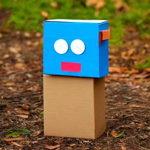 Image similar to robot made of a cardboard box, crayon face, walking through the forest