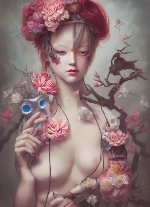 Prompt: pop surrealism, lowbrow art, realistic cute girl painting, body harness, japanese shibari with flowers, hyper realism, muted colours, rococo, natalie shau, loreta lux, tom bagshaw, trevor brown style,