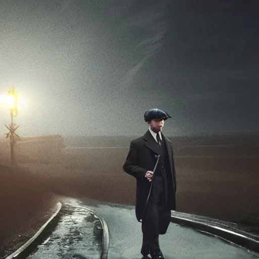 Prompt: tommy shelby in birmingham, peaky blinders, walking at night, bar in distance, stardew valley aesthetic, dark, grimy, moonlit sky with a few clouds, muddy street, creepy, art by concernedape