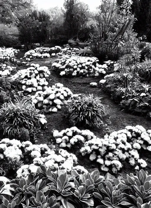 Image similar to old lost footage in black and white of a beautiful garden with flower and fruits,hyper realistic 8K HD real life photo