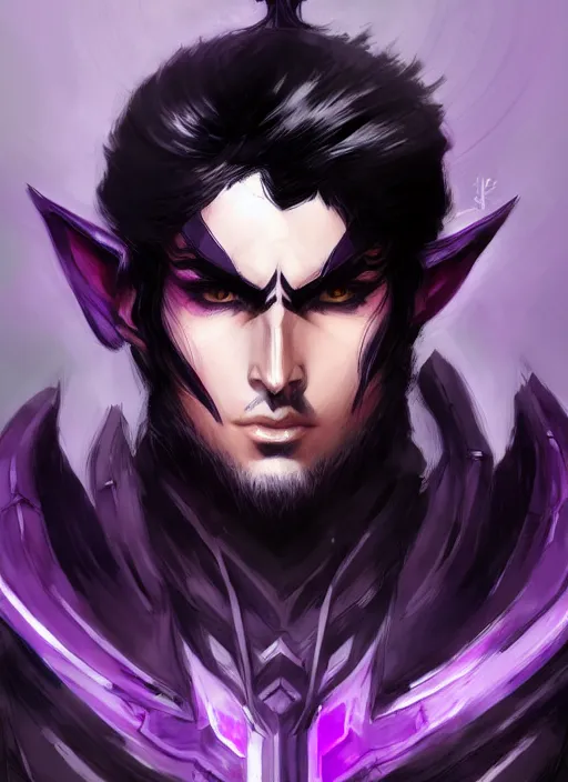 Prompt: Half body portrait of a handsome black haired elven warrior commander in black and purple attire. In style of Yoji Shinkawa and Hyung-tae Kim, trending on ArtStation, dark fantasy, great composition, concept art, highly detailed.