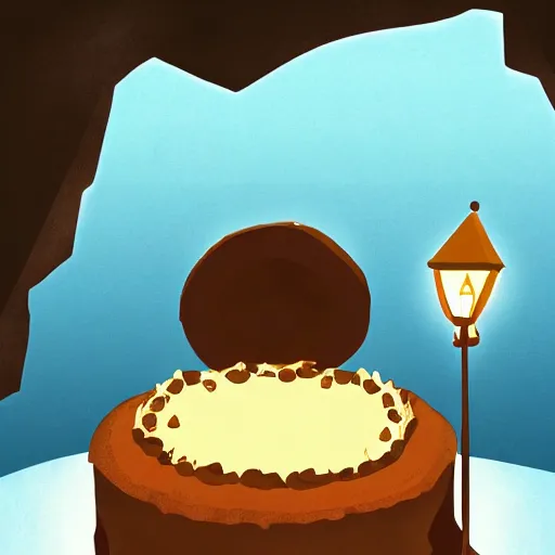 Image similar to an adventurer finding a cake in a dark mysterious cave, digital art