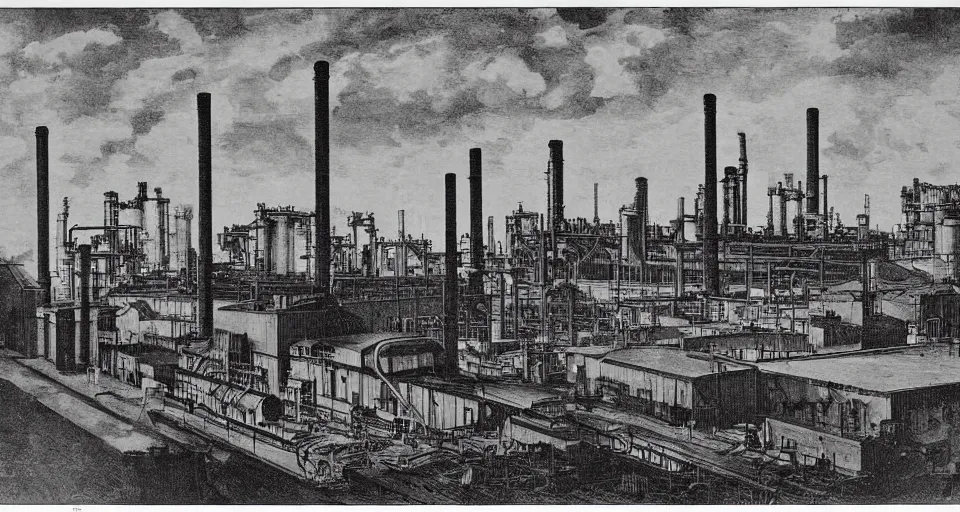 Image similar to a cmyk risograph print of a steel mill in birmingham england, early 1 9 0 0's