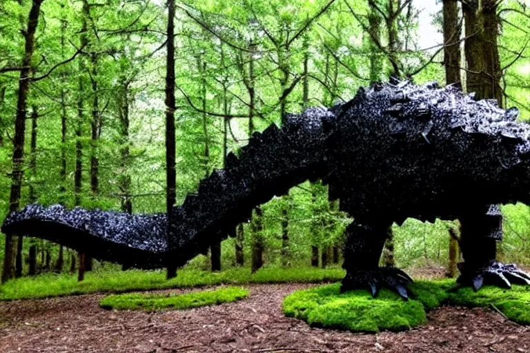 Prompt: mossy recycled tire sculpture of a tyrannosaurus in the forest