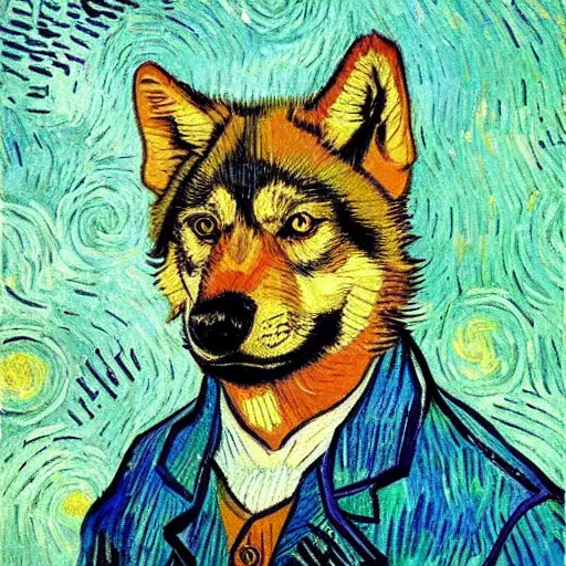 Prompt: retarded wolf portrait, van gogh style, complimentary colors