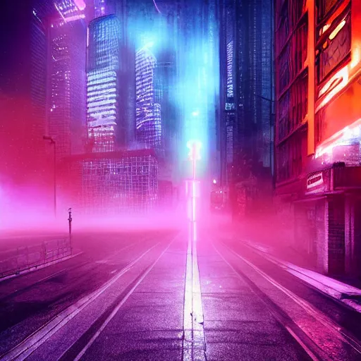 Prompt: city covered in fog with neon lights, dystopia, cyberpunk, digital art, award winning