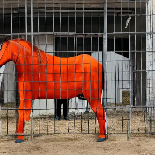 Image similar to horse with orange inmate clothes, in a jail