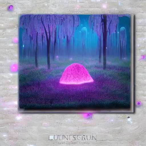 Image similar to field of tall luminescent pink and blue mycena fungi, emitting spore clouds, midnight, moonlight, fantasy art, mysterious, magical, hyperrealistic, detailed, soft lighting, fireflies