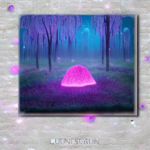 Prompt: field of tall luminescent pink and blue mycena fungi, emitting spore clouds, midnight, moonlight, fantasy art, mysterious, magical, hyperrealistic, detailed, soft lighting, fireflies