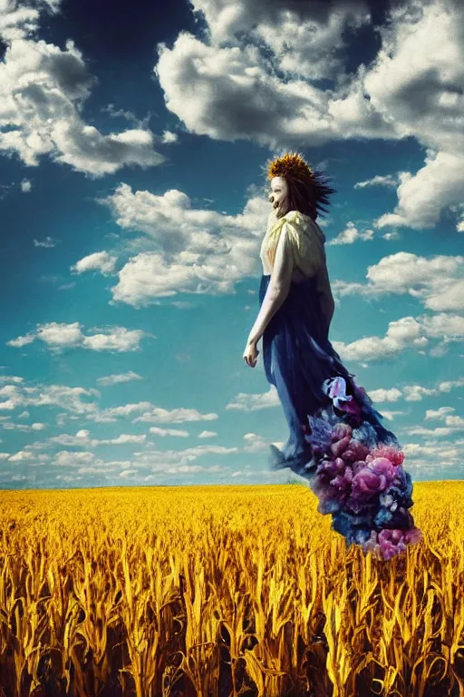 Prompt: giant corn flower head, girl walking in a decaying walter white themed flower field, surreal photography, dead body, dramatic light, impressionist painting, colorful clouds, digital painting, walter white, uncanny valley