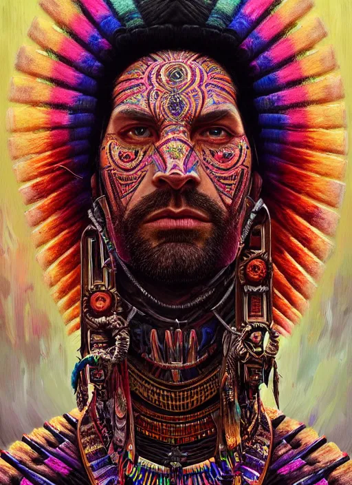 Prompt: portrait of tom ellis, hyper detailed ultra sharp aztec shaman warrior. trending on artstation, warpaint aesthetic, bloodwave, colorful, psychedelic, ornate, intricate, digital painting, concept art, smooth, sharp focus, illustration, art by artgerm and greg rutkowski and h. r. giger, 8 k