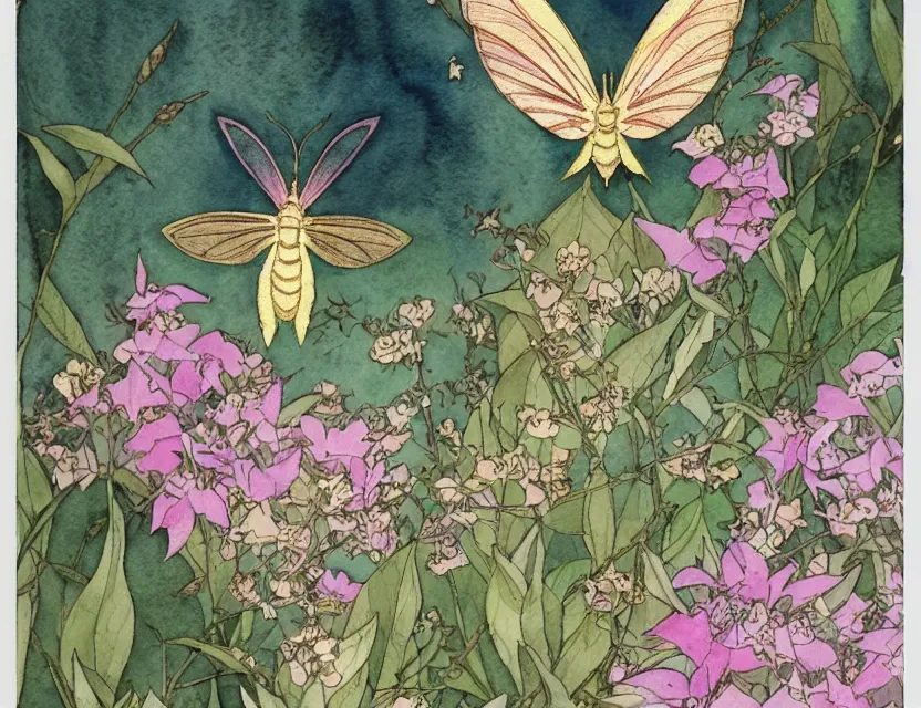 Image similar to faerie hawkmoth in the garden of the palace. this watercolor and gold leaf work by the award - winning mangaka has a beautiful composition and intricate details.