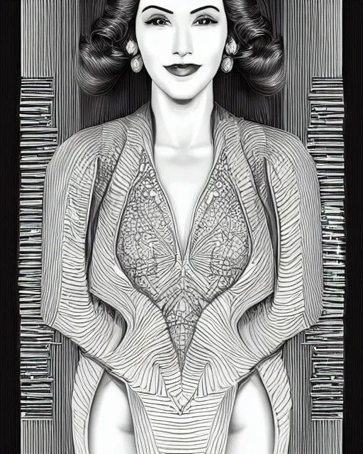 Prompt: portrait of a smiling woman, art deco style, beautiful, elegant, mesmerizing, concept art, fancy clothing, highly detailed, smooth, fantastical, cinematic, intricate linework, artstation, trending, behance, deviantart, sana takeda