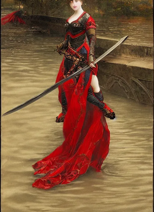 Image similar to woman in dark and red princess dragon armor, she is holding a katana sword, walking on an ancient flooded bridge. by william henry hunt
