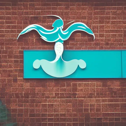 Image similar to company logo on a building showing a mermaid drilling a water well,