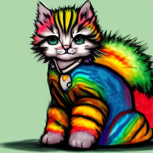 Image similar to wide angle full body, of a fluffy cute rainbow kitten wearing a black motorcycle jacket, concept art