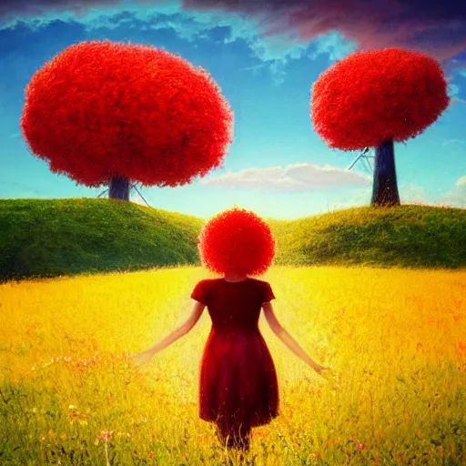 Prompt: giant red flower afro, full body, girl walking in the middle of a field with flowers, surreal photography, hills, sunrise dramatic light, impressionist painting, colorful clouds, digital painting, pointillism, artstation, simon stalenhag
