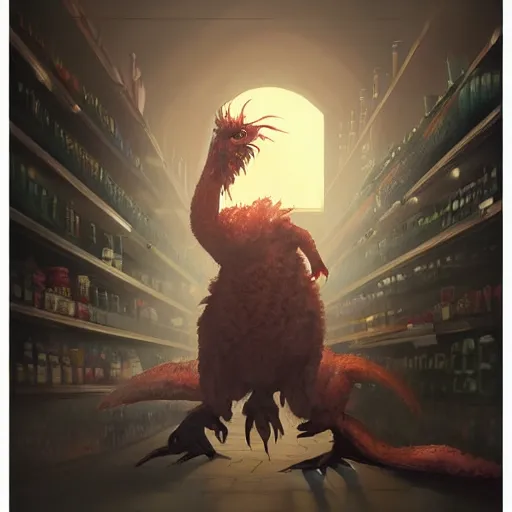 Image similar to digital painting of an supermarket shopping elegant but deadly chicogriff, griffin chicogriff hybrid monster, by Greg Rutkowski, magic the gathering concept art, trending on artstation, 4k resolution, ((in a super market Costco))