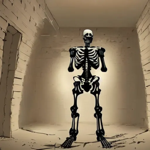 Image similar to a skeleton!!!!! in ((futuristic marine armour)) in a dusty brick room