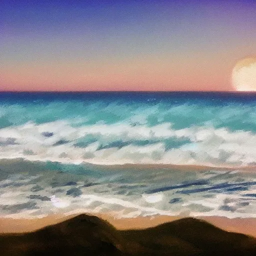 Image similar to a spot on the beach where i like to spend time thinking. by john avon, early evening, moon in the sky, trending on artstation