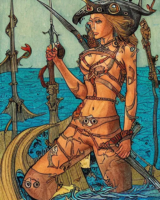 Prompt: a shark skin pirate queen with melee weapons by ivan bilibin