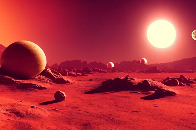 Image similar to a desert world planet with a crashed spaceship. 3 moons in the sky. hyper-realistic photo artistic trending on artstation beautiful scenic octane render reddish hue highly detailed, 8k, epic composition