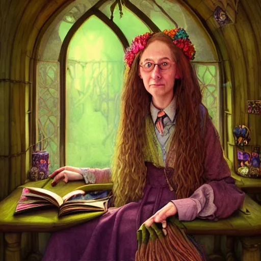 Prompt: Portrait of Magrat Garlick as a kind, hippie, Herbology professor in Hogwarts School of Witchcraft and Wizardry, detailed, hyperrealistic, colorful, cinematic lighting, digital art by Paul Kidby