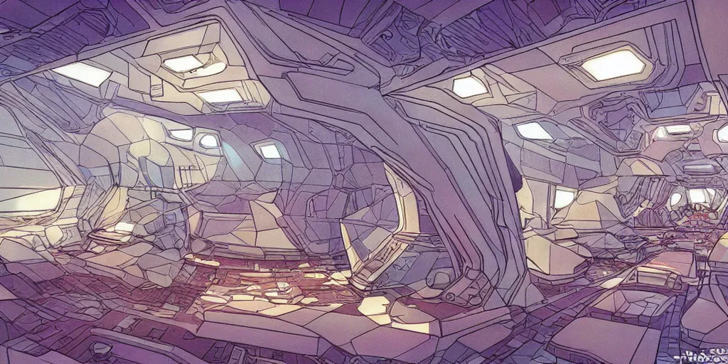 Image similar to the interior of a crystalline sci-fi spaceship made with highly evolved elven architecture and technology, style of Moebius comic art