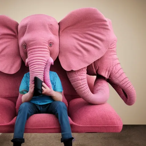 Prompt: Photo of a man on a chair with his pink miniature elephant on his lap