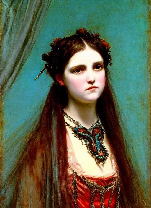 Image similar to ( ( gothic # ) ) princess portrait *. *. by william henry hunt * *, highly detailded, turquoise rust