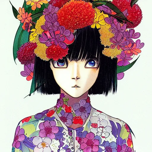 Prompt: prompt: Fragile portrait of singular persona covered with flowers illustrated by Katsuhiro Otomo, inspired by Evangeleon anime, smaller attributes, eyepatches, illustrative gouache style, intricate ink and gouache painting detail, manga and anime 1990