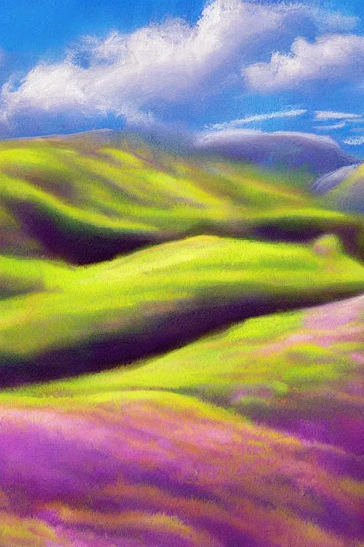 Prompt: digital painting detailed serene hilly grassy scottish highlands candy sky by Cliff Childs