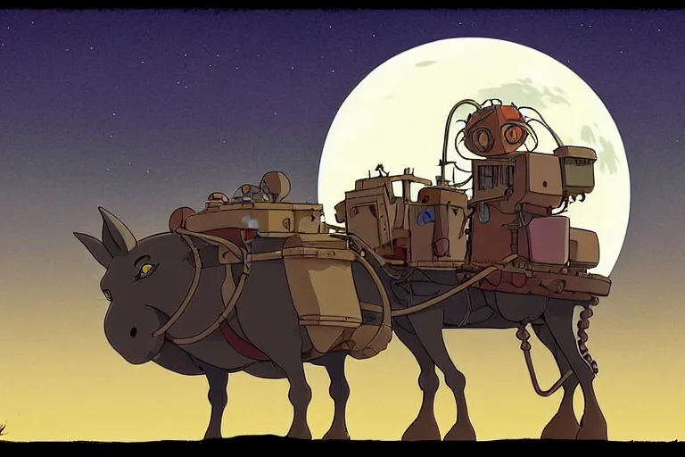 Image similar to a cell shaded cartoon of a lovecraftian mechanized horse from howl's moving castle ( 2 0 0 4 ), on a desert road, in front of a full moon, full body, wide shot, very muted colors, post grunge, studio ghibli, laurie greasley, highly detailed, deviantart, art by artgem