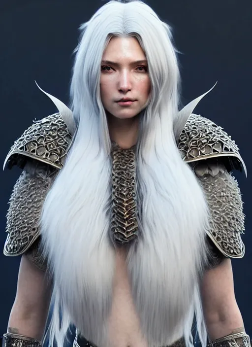 Image similar to fur coated armor!!! long wild white hair!! covered chest!!! fantasy, d & d, intricate ornate details, symmetry, concept art, sharp focus, illustration, art by artgerm! greg rutkowski magali villeneuve wlop! ilya kuvshinov!!, octane render, unreal engine 5, highly rendered!!