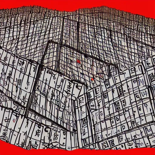 Image similar to a chinese prison, in the style of daniel johnston and outsider art, 8 k, line brush, minimal, brightly coloured, flat, stark, overlaid with chinese adverts