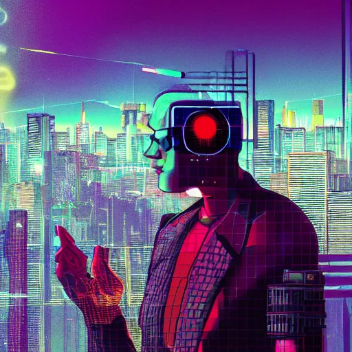 Image similar to A cyberpunk cybernetic synthwave cyborg android smoking weed while staring out at the city below