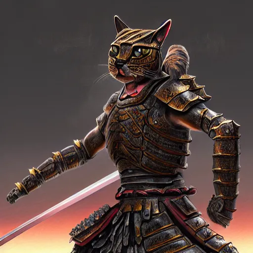 Image similar to a digital painting showing a cat warrior statue in samurai - insect armor, very detailed, trending on artstation, realistic painting. extremely detailed, insane detail, dramatic lighting, concept art