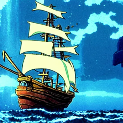 Image similar to ghosts pirate ship underwater by studio ghibli, movie still