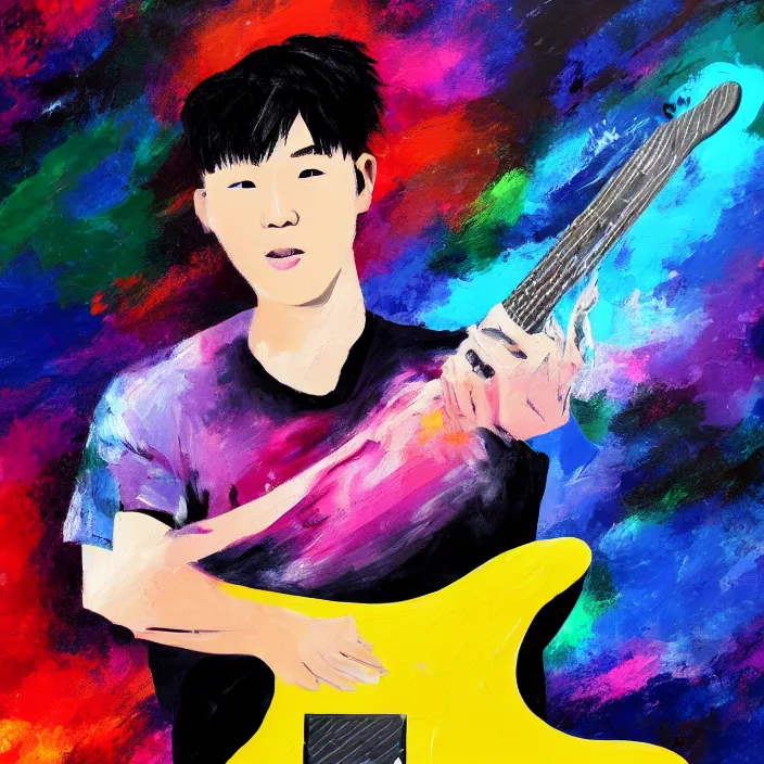 Prompt: abstract swirly brush strokes painting of a young korean man wearing black t shirt holding a telecaster!!! electric guitar!!, dark background, huge thick flowing dramatic brush strokes, matte colors, abstract, emotional masterpiece, impressionist, trending on artstation