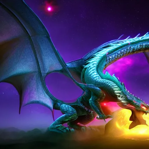 Prompt: Dragon Creepy cosmic color scheme star gazing Unreal Engine hyper realistic