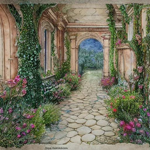 Image similar to delicate boundary walls coastline garden on paper, spirals, stony, floating, puffy, vines, botanical herbarium, botanic watercolors, iridescent, 8 k wide angle, realistic shaded, fine details, artstation, italian, rainbow, colonnade, oak, pinecone, pomegranade, vines, gardena architecture, pompeian, sicilian